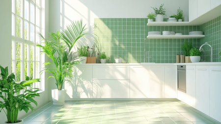 A bright and modern kitchen filled with natural light and greenery, featuring sleek cabinets, polished tiles, and a serene atmosphere. Perfect for home decor inspiration.の素材