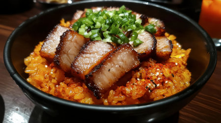 A mouthwatering bowl of pork belly served over flavorful rice, topped with fresh green onions. Perfect for a satisfying lunch or dinner.の素材
