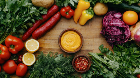 A vibrant arrangement of fresh vegetables and flavorful dips showcases a healthy lifestyle. Perfect for culinary presentations and cooking inspiration.の素材