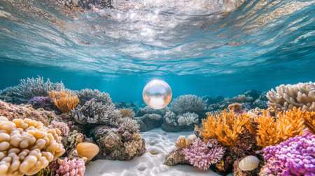 Experience the tranquil beauty of an underwater paradise where colorful corals thrive alongside a luminous pearl, all captured in stunning clarity.の素材