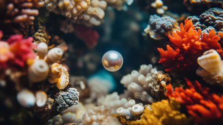 A captivating pearl floats gently amidst a colorful coral reef, showcasing the beauty of underwater life. This serene scene highlights marine biodiversity and natural wonder.の素材