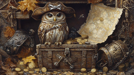 A whimsical owl wearing a pirate hat sits atop a treasure chest filled with coins and maps. The autumn leaves create a captivating backdrop, evoking adventure and fantasy.の素材