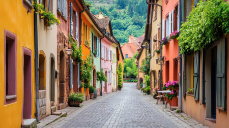 Explore a scenic and vibrant street lined with colorful buildings, lush greenery, and blooming flowers, perfect for a picturesque getaway.の素材