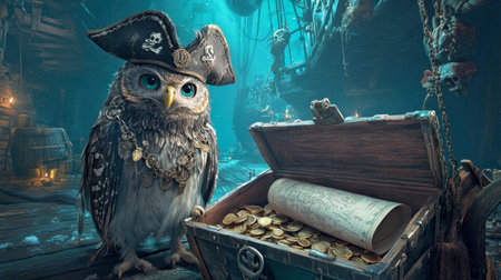 A whimsical pirate owl stands guard over a treasure chest filled with gold coins and a treasure map, set in a mysterious, enchanting underwater scene.の素材