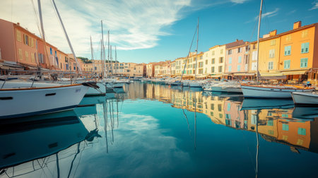 This stunning harbor scene features colorful buildings reflecting in calm waters, creating a serene atmosphere perfect for travelers and photographers alike.の素材