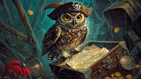 This whimsical illustration features a pirate owl standing guard over a treasure chest in a mysterious cave. The scene conveys adventure and fantasy.の素材