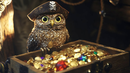 An adorable pirate owl stands proudly by a treasure chest overflowing with shiny gold coins and jewels, creating a whimsical adventure scene.の素材