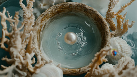 A stunning pearl surrounded by delicate coral and shells, creating a serene and beautiful underwater scene that evokes luxury and tranquility.の素材