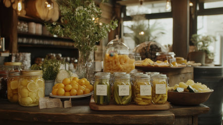 A rustic display of fresh produce and homemade preserves in jars, showcasing vibrant colors and natural ingredients perfect for a cozy kitchen or market setting.の素材