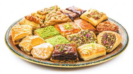 A vibrant assortment of Middle Eastern pastries displayed beautifully on a golden tray, perfect for celebrations, gatherings, or dessert lovers.の素材