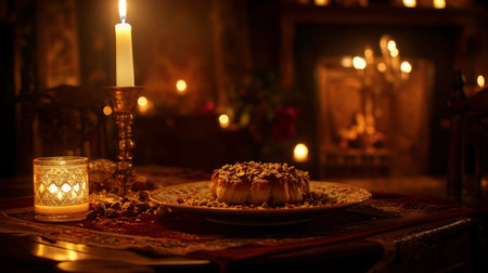 A beautifully arranged dessert plate sits on a richly decorated table, illuminated by soft candlelight, creating a warm and inviting atmosphere perfect for celebrations.の素材