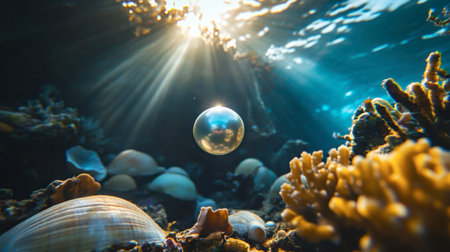 Explore a serene underwater scene featuring a floating bubble, vibrant corals, and sunlight streaming through the clear blue water, creating a magical ambiance.の素材