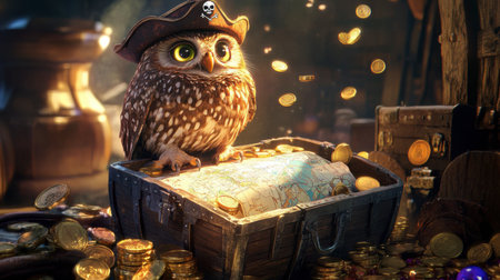 A charming owl dressed as a pirate sits atop a treasure chest filled with gold coins and a map, exuding a sense of adventure and whimsy in a mystical setting.の素材