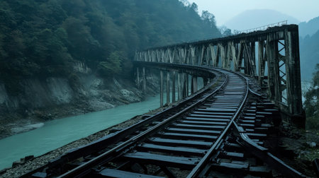 An abandoned railway bridge winds over a misty river, set against a serene landscape. This atmospheric scene captures the essence of isolation and tranquility in nature.の素材