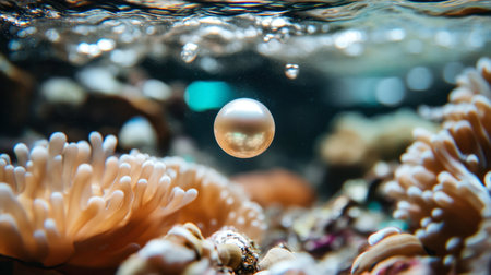 A stunning view of a transparent pearl suspended in an aquatic environment, surrounded by colorful coral, evoking a sense of tranquility and beauty in nature.の素材