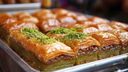 A close-up view of delicious baklava, featuring layers of flaky pastry soaked in syrup and topped with vibrant pistachio. Perfect for dessert lovers!の素材