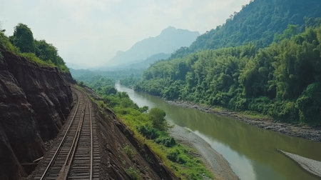 A stunning view of a railway track winding along a vibrant riverbank, surrounded by lush greenery and majestic mountains, inviting exploration and tranquility.の素材