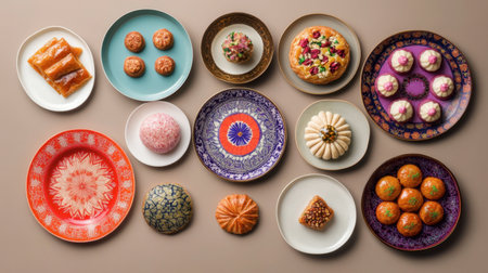 A vibrant display of an assortment of traditional desserts showcases a variety of colors and textures on decorative plates, perfect for culinary inspiration.の素材