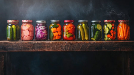 A visually striking display of assorted jarred vegetables lined up on a rustic wooden table, showcasing healthy preservation methods and vibrant colors.の素材