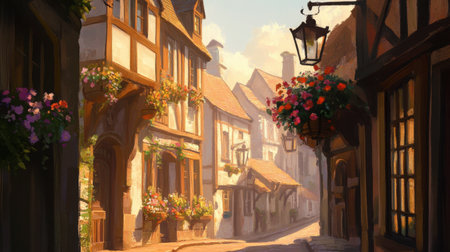 A charming village street showcases beautiful architecture adorned with vibrant flowers and a warm, inviting ambiance under the gentle sunset light.の素材