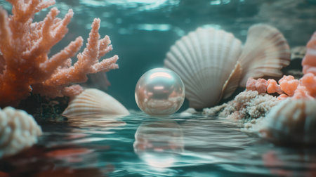 A tranquil underwater scene featuring a luminous pearl nestled among vibrant coral and shells, capturing the beauty of marine life in a serene environment.の素材