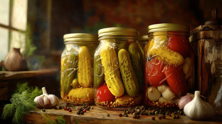 A beautiful arrangement of jars filled with vibrant pickles and vegetables, showcasing rustic charm and the art of food preservation in a cozy kitchen setting.の素材