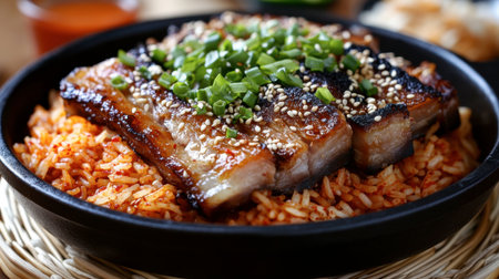 A mouthwatering dish featuring grilled meat served over seasoned rice, topped with fresh green onions and sesame seeds for a delightful taste experience.の素材