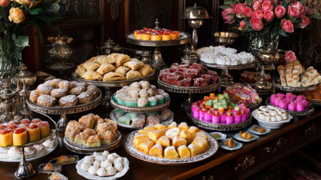 A stunning array of delightful desserts showcases a vibrant selection of sweets and pastries arranged artfully on elegant serving dishes. Perfect for celebrations.の素材