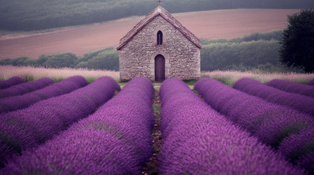 A tranquil scene featuring vibrant lavender fields leading to a rustic stone chapel, perfect for evoking feelings of peace and natural beauty in rural settings.の素材