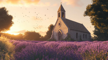 A tranquil church surrounded by vibrant lavender fields at sunset, offering a serene escape into natureの素材