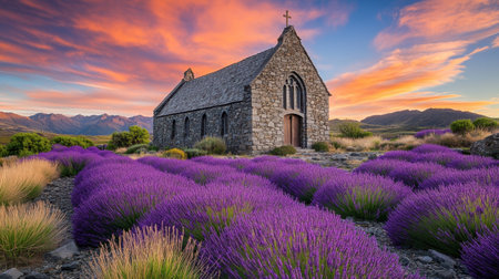 A serene stone church nestled among vibrant lavender fields under a breathtaking sunset. Perfect for nature lovers and travel enthusiasts.の素材