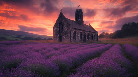 A tranquil scene featuring a historic church surrounded by vibrant lavender fields under a sunset sky. Ideal for showcasing rural beauty and serenity.の素材