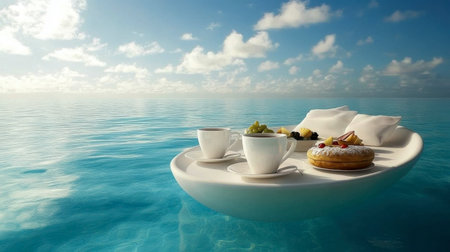 Enjoy a serene floating breakfast experience on calm ocean waters, featuring fresh fruits, drinks, and a delicious dessert. Perfect for relaxation.の素材