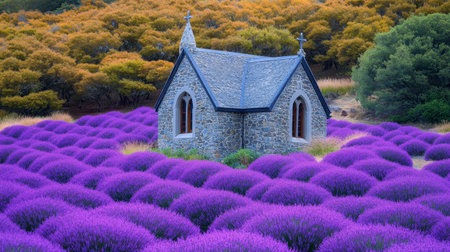 A picturesque stone church surrounded by vibrant lavender fields in full bloom. This serene rural landscape offers a perfect escape into nature's beauty.の素材