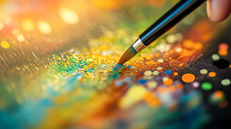 A close-up of a brush applying vibrant colors to a textured canvas, showcasing the beauty of creativity and artistic expression in a colorful artwork.の素材