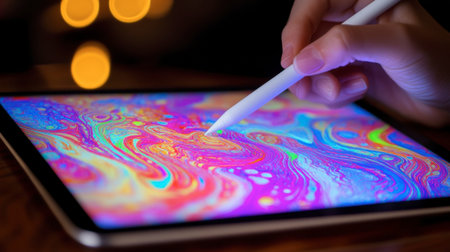 A close-up of a hand using a stylus to create vibrant digital art on a tablet, showcasing colorful swirls and patterns, reflecting modern creativity.の素材