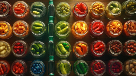 A colorful array of preserved vegetables displayed in glass jars, showcasing vibrant colors and fresh ingredients that highlight healthy eating and seasonal produce.の素材