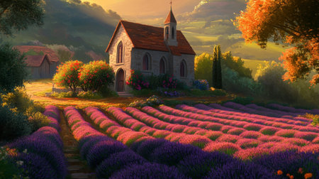 A tranquil scene featuring vibrant lavender fields and a charming stone church surrounded by picturesque countryside. Ideal for capturing nature's beauty.の素材