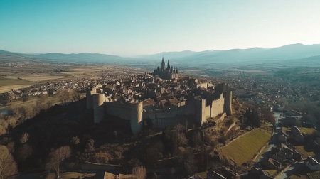 Stunning aerial view of a historic castle nestled among mountains and valleys, showcasing the beauty of architecture and natural surroundings.の素材