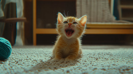 A cheerful orange kitten playfully poses on a soft carpet, expressing its joyful nature with a delightful meow, bringing warmth and happiness to any space.の素材