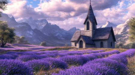 A picturesque stone church nestled in vibrant lavender fields, set against majestic mountains. This serene landscape evokes tranquility and peace, perfect for relaxation.の素材
