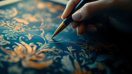 A close-up view of a hand holding a pen as it gracefully writes on an ornate blue background. The intricate gold designs enhance the artistry and creativity.の素材