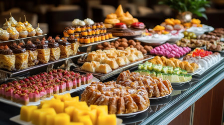 A vibrant assortment of desserts and pastries displayed elegantly on a table, perfect for special occasions, events, or gourmet experiences.の素材