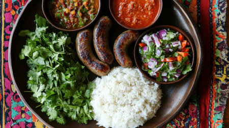 A vibrant plate featuring rice, spicy sausages, fresh cilantro, and a colorful salad. Perfect for showcasing traditional culinary delights and flavors.の素材