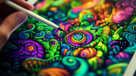A vibrant abstract design featuring intricate swirls and bright colors. This artwork showcases creativity and imagination, ideal for artistic projects.の素材