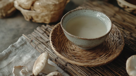 A calming scene featuring a natural beverage in a handcrafted bowl on a rustic table, surrounded by organic elements, promoting wellness and simplicity.の素材