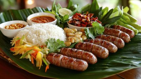 A vibrant platter featuring grilled sausages, fluffy rice, and fresh vegetables, perfect for a tropical meal. Experience the flavors of culinary art!の素材