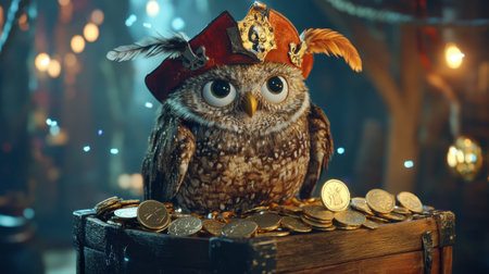 A charming pirate owl sits atop a treasure chest overflowing with coins, surrounded by a magical atmosphere that sparks adventure and wonder.の素材