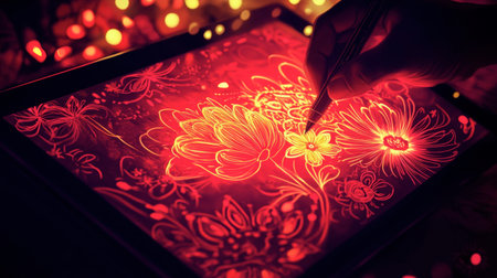 A hand skillfully creates vibrant floral designs on a tablet, illuminated by warm lights. This striking digital art showcases creativity and modern technology.の素材
