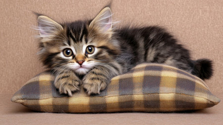 A cute cat lounges on a soft pillow, showcasing its fluffy fur and playful personality. This adorable feline captures the essence of relaxation and comfort.の素材